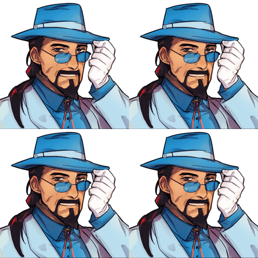 the image shows four identical digital illustrations of a stylized male character. the character is depicted from the chest up, wearing a light blue suit, a blue fedora hat, sunglasses, and white gloves. he has long dark hair styled in a ponytail, a goatee, and a serious yet charming expression.  he is shown adjusting his hat in each panel, creating a repeating pattern arranged in a 2x2 grid. the art style is reminiscent of anime or manga, with clean lines and vibrant colors. the background is pure black, making the character the clear focus.