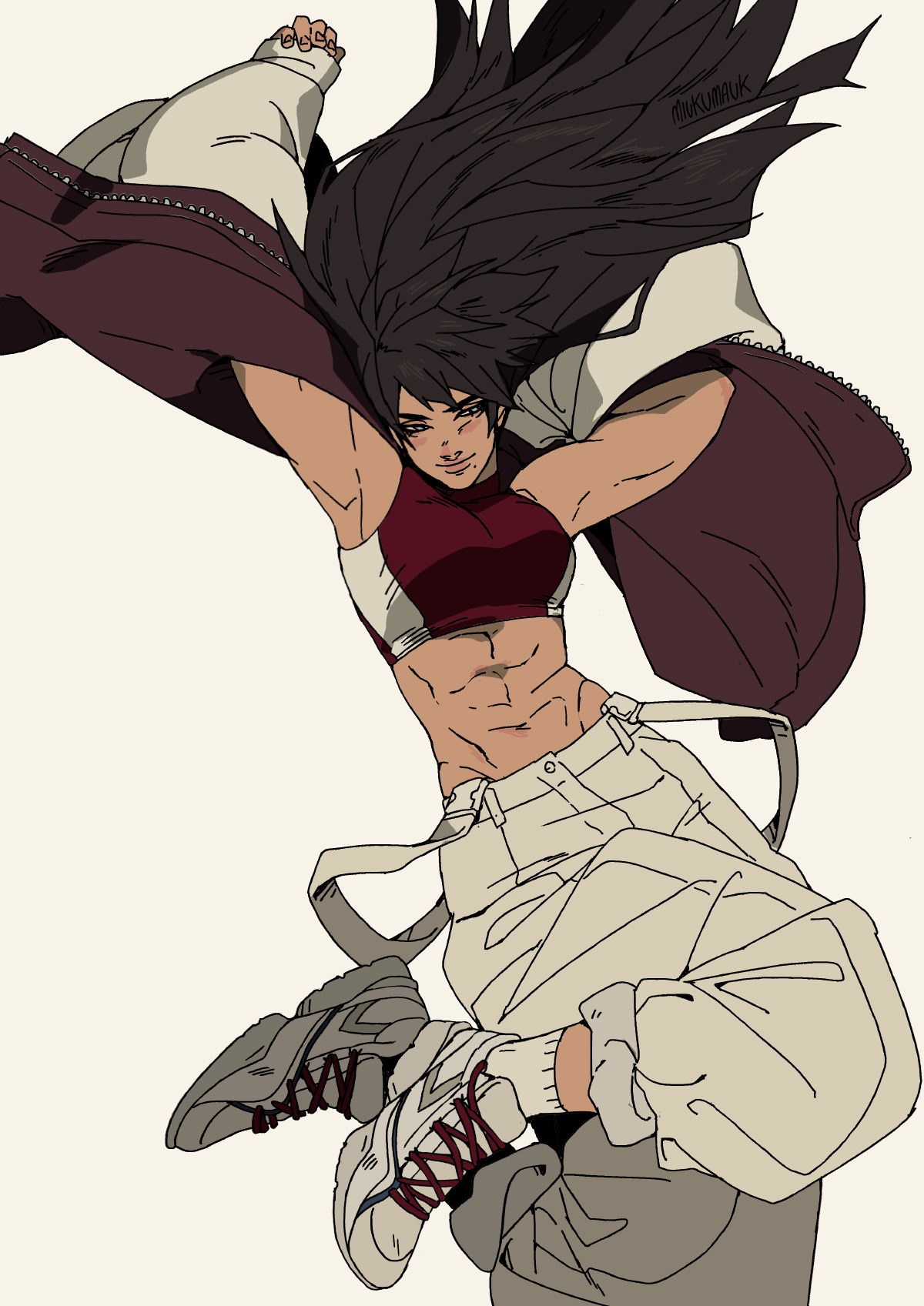 the image depicts a female anime character in a dynamic pose, her muscles prominently displayed. she is wearing a red sports top, white pants, and a purple jacket that she is throwing off as she jumps. her long, black hair flows around her face, and her eyes are determined. she appears confident and strong, as if she is ready for a fight.