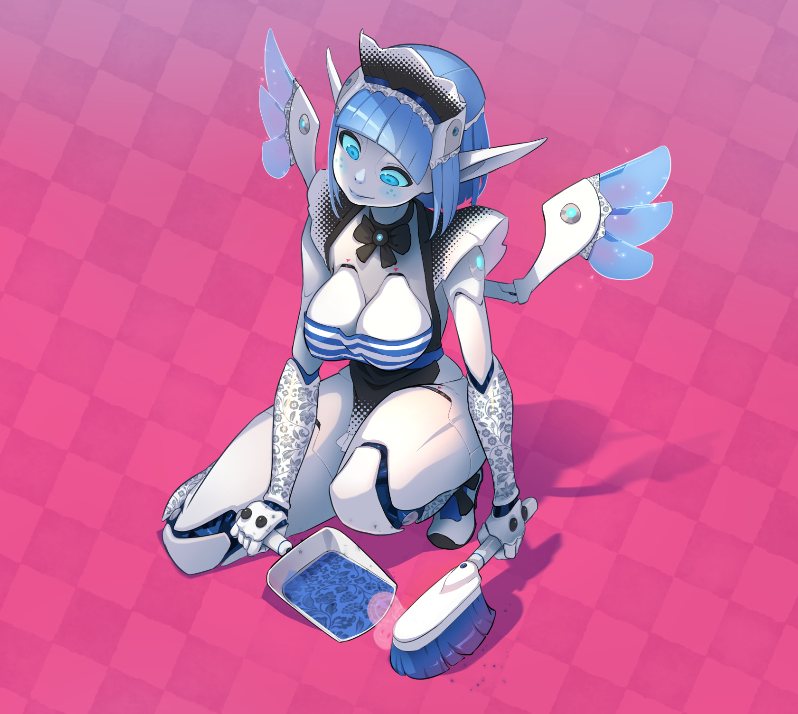 this is a digital drawing of an anime girl robot who is dressed as a maid. she has wings and is cleaning with a broom and dustpan. she is kneeling on a checkered floor with a pink background.  the colors in the image are bright and pastel, with blue, white, pink, and black being the dominant colors.