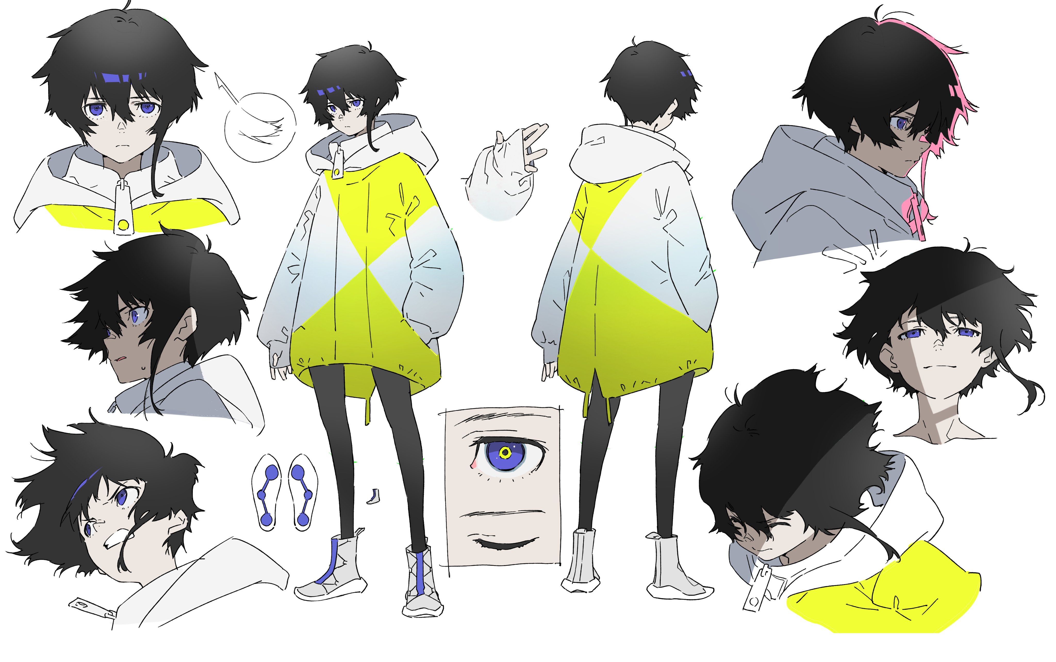 this image is a character design sheet, likely for an anime or manga. it features multiple drawings of the same male character from different angles (front, back, side, and 3/4 views) to showcase his design and outfit. he has black hair with a blue streak, blue eyes, and wears a white and yellow hoodie, black leggings, and blue and white sneakers. the style is typical of anime and manga illustrations, with exaggerated features and dynamic poses.