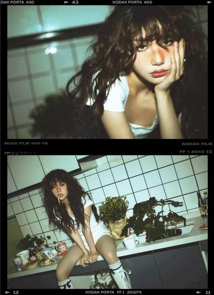 two photos of a young woman with dark, curly hair. she's wearing a white tshirt and white shorts, posing in a kitchen with white tiles. the photos have a vintage film aesthetic. in the top photo, she rests her head on her hand, looking directly at the camera. in the bottom photo, she sits on the counter, smoking a cigarette and looking off to the side.