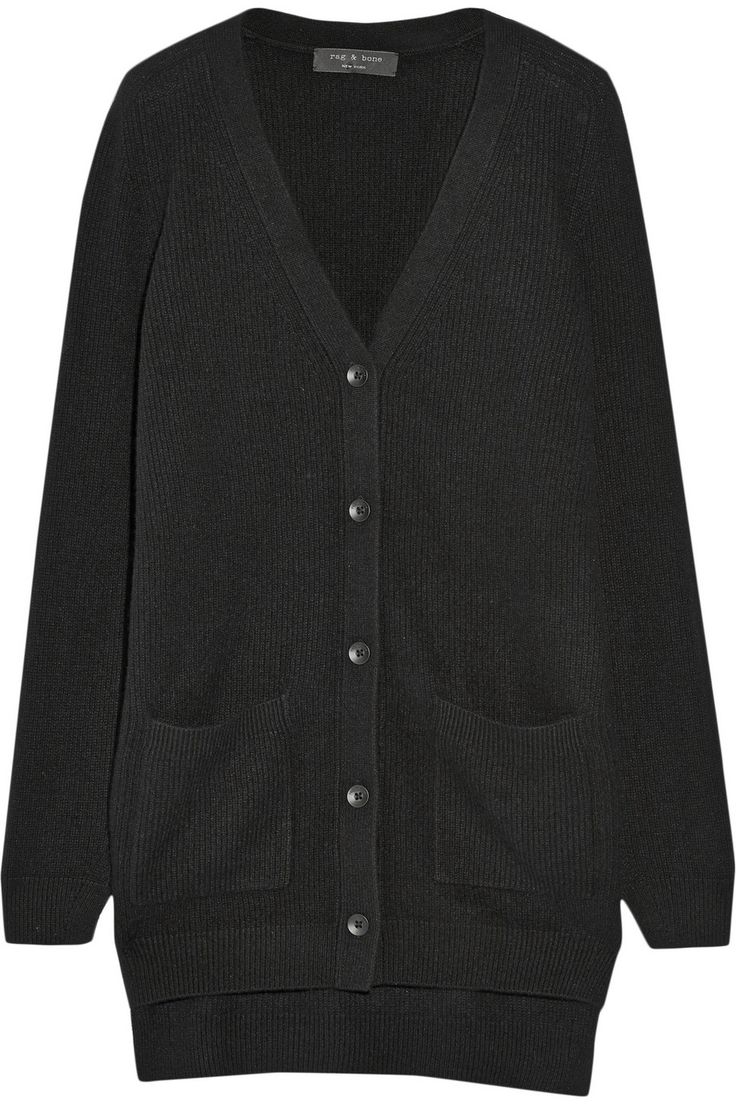a black, longsleeved ribbed cardigan by rag & bone is displayed against a white background. the cardigan has a vneck, button closure, and two front pockets. the brand name "rag & bone" is visible on a tag inside the neckline.