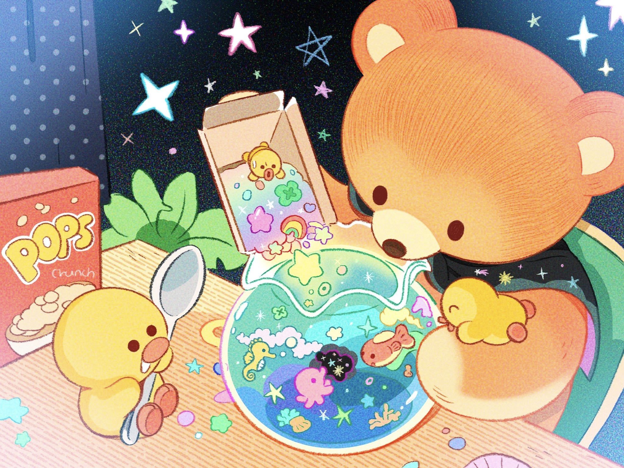 whimsical cartoon illustration featuring a cute teddy bear adding colorful sprinkles and small toys to a fish bowl filled with cartoon fish, a seahorse and an octopus. two small yellow chicks are also present, one holding a spoon and another seemingly being held gently by the bear. the scene is set against a dark background speckled with stars, adding a touch of magic. a box of "pops crunch" cereal is also visible, adding to the playful, childhood theme of the image. the overall style is soft, pastelcolored, and expressive of kawaii aesthetics.