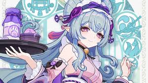 the image is a digital illustration of an anime girl with light blue hair, horns, and purple eyes. she is wearing a purple and white outfit with a choker and is holding a tray with a jar and a bowl of purple food on it. the background is white with light blue patterns and decorations.
