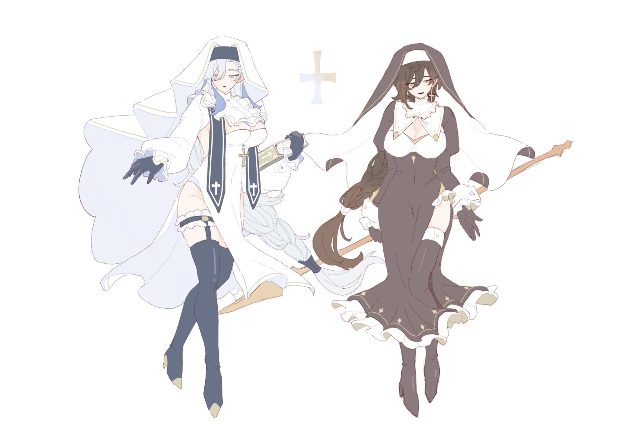 he image contains a drawing of two animestyle nuns. one nun is wearing a white and blue outfit, while the other is wearing a dark brown and gold outfit. both nuns are floating and appear to be magical or mystical in nature. the style is soft and pastel, with a focus on detail in their clothing and expressions.