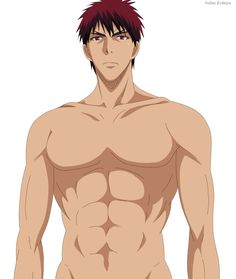 the image is an illustration of a shirtless, muscular anime man with spiky red hair. he has a serious expression on his face and is standing with his arms at his sides. the background is white.