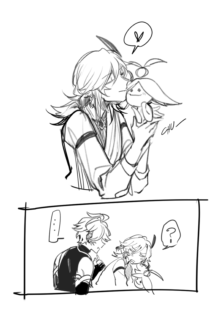 this is a black and white sketch of two anime characters, with one of them in a white shirt and the other with a grey shirt, hugging. they look like they're whispering something to each other, perhaps a secret. they are both blushing. above them are two speech bubbles, one with a heart and one with a chu. this is a very cute and romantic drawing.