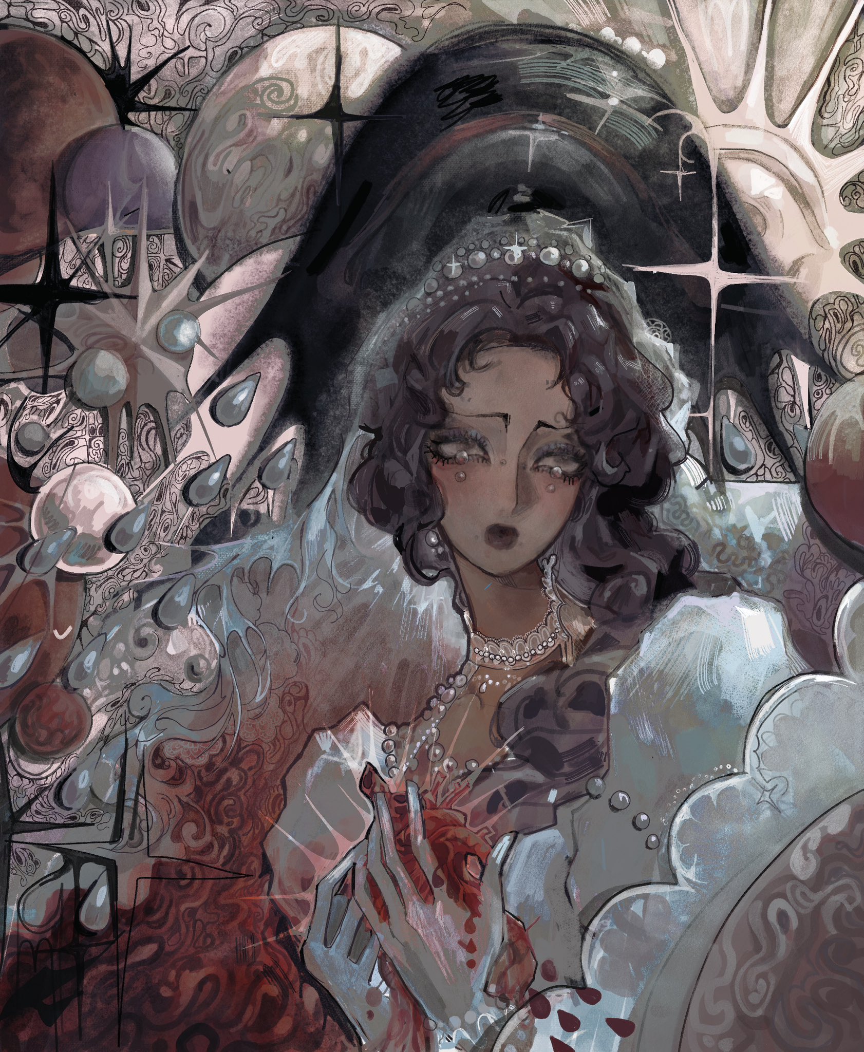 the image is a digital painting or illustration depicting a woman in a regal, yet distressed state. she appears to be wearing a crown and an ornate dress, adorned with pearls. her expression is one of sorrow or grief. she is holding a bloody heart, possibly symbolizing heartbreak or a deep emotional pain. the background is a complex and surreal composition of celestial bodies, stars, moons, and swirling patterns, contributing to an overall atmosphere of mystery and fantasy. the style blends elements of gothic, art nouveau, and baroque aesthetics. the color palette is predominantly muted grays, browns, and reds, emphasizing a dark and melancholic mood.  the level of detail and texture in both the woman's attire and the background is remarkably high, creating a visually rich and intricate piece.