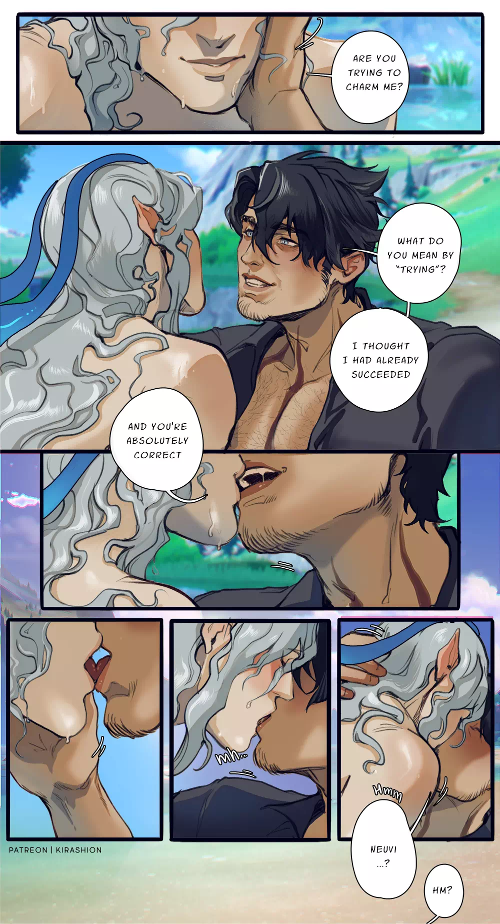 he image is a yaoi manga comic featuring two male characters.  the panels show various stages of a romantic encounter, beginning with flirtatious conversation and leading to passionate kisses.  the characters have elflike features, and the art style is detailed and expressive, capturing emotions and intimate moments.  the text in speech bubbles reveals their interaction and feelings. the overall mood is romantic and suggestive.