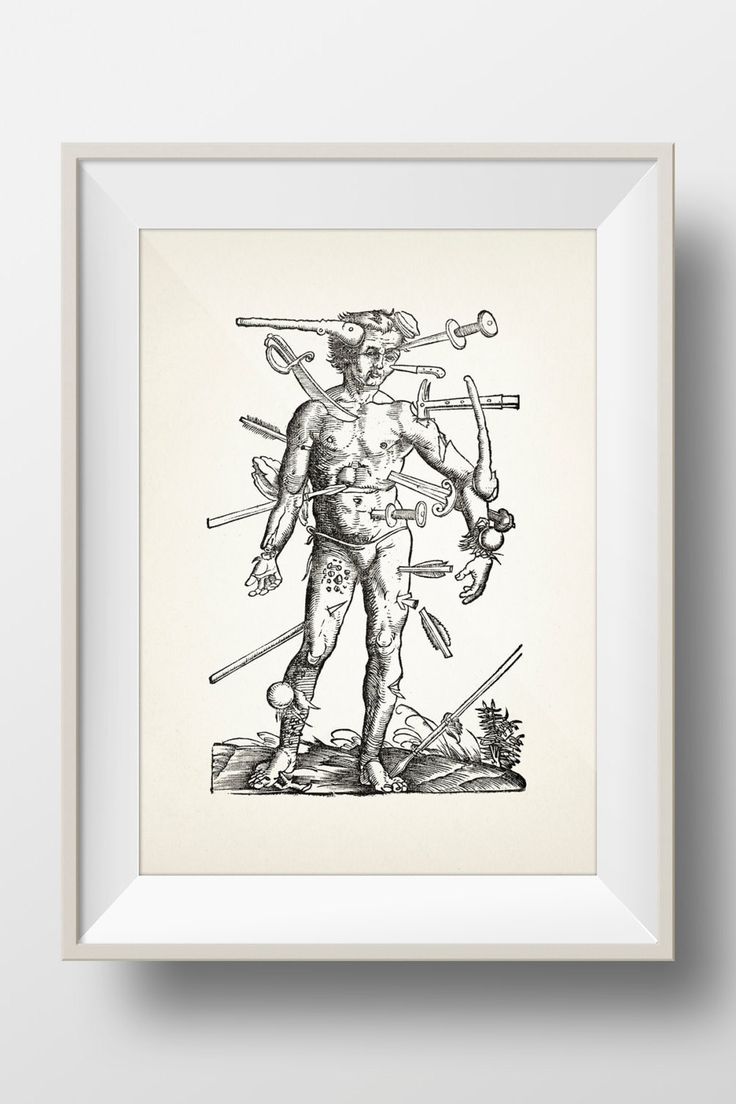 this is a black and white woodcut of a man being pierced by a variety of weapons including arrows, spears, and swords. he is wearing a loincloth and his facial expression shows pain. the image is reminiscent of medieval torture practices. the image is rendered in a graphic style, with sharp lines and heavy shading.  the art appears to be a very old print from a historical text,  perhaps from the 15th century.
