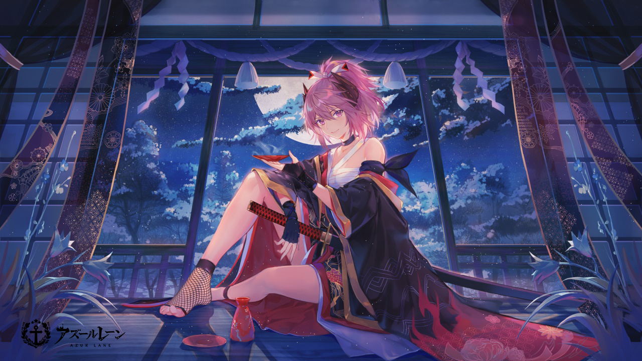 the image is a digital painting of an animestyle girl sitting on a floor near a window. she is wearing a kimono with a black haori and red accents, and has pink hair styled in a ponytail with small horns. her legs are crossed, and she is holding a small cup, appearing to be drinking sake. a katana is resting near her, and some flowers are visible in the background. the moon is visible outside the window, and the overall atmosphere is serene and peaceful. the artwork is highly detailed and colorful, with a beautiful and elegant aesthetic. the image features the azur lane logo.