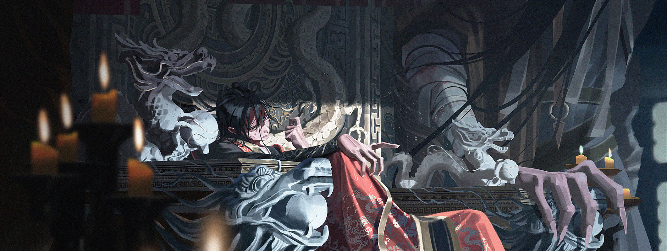a digital painting depicting a woman in a red and gold robe sitting on a throne made of carved stone. the woman is surrounded by dragons and other ornate figures, and the scene is bathed in a warm, yellow light. the woman's expression is serious and intense, as if she is about to embark on some important journey. there are candles on each side of the throne which cast an eerie glow onto the scene. the background is a dark, shadowy realm which suggests a magical world beyond the reach of the mortal eye. overall, this image is full of mystery and intrigue, and it would be an ideal piece to decorate a home with a whimsical and ethereal atmosphere.