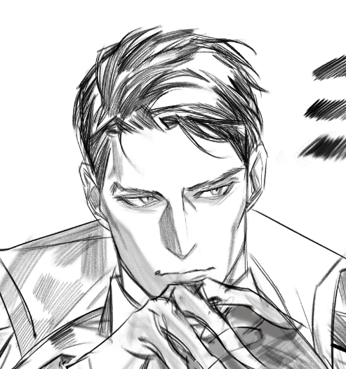 the image is a black and white sketch of a man. he has dark hair and dark eyes with a serious look on his face. his right hand is raised to his chin, as if in thought.
