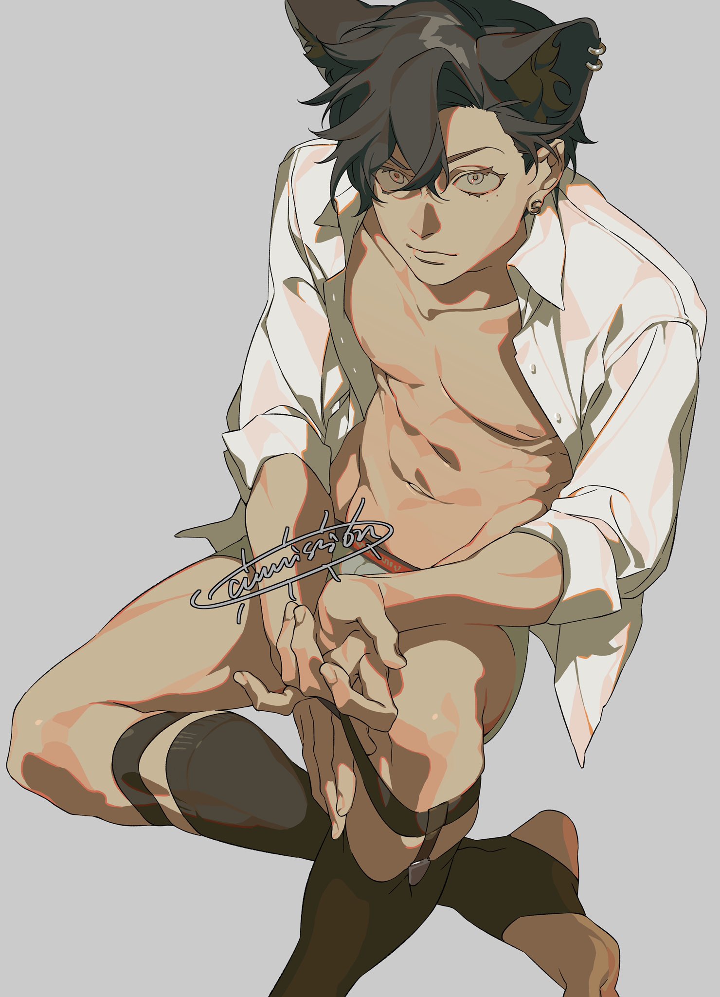 a drawing of a male character with cat ears wearing a white shirt and leggings. the shirt is unbuttoned revealing his bare chest. he is looking at the viewer. he has light skin and is wearing earrings.