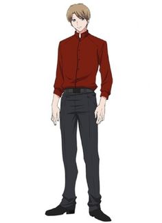the image shows a cartoon male character standing with a neutral expression. he has short brown hair and blue eyes, and he's wearing a red buttonup shirt with the sleeves rolled up to his elbows, dark gray pants, and black shoes.