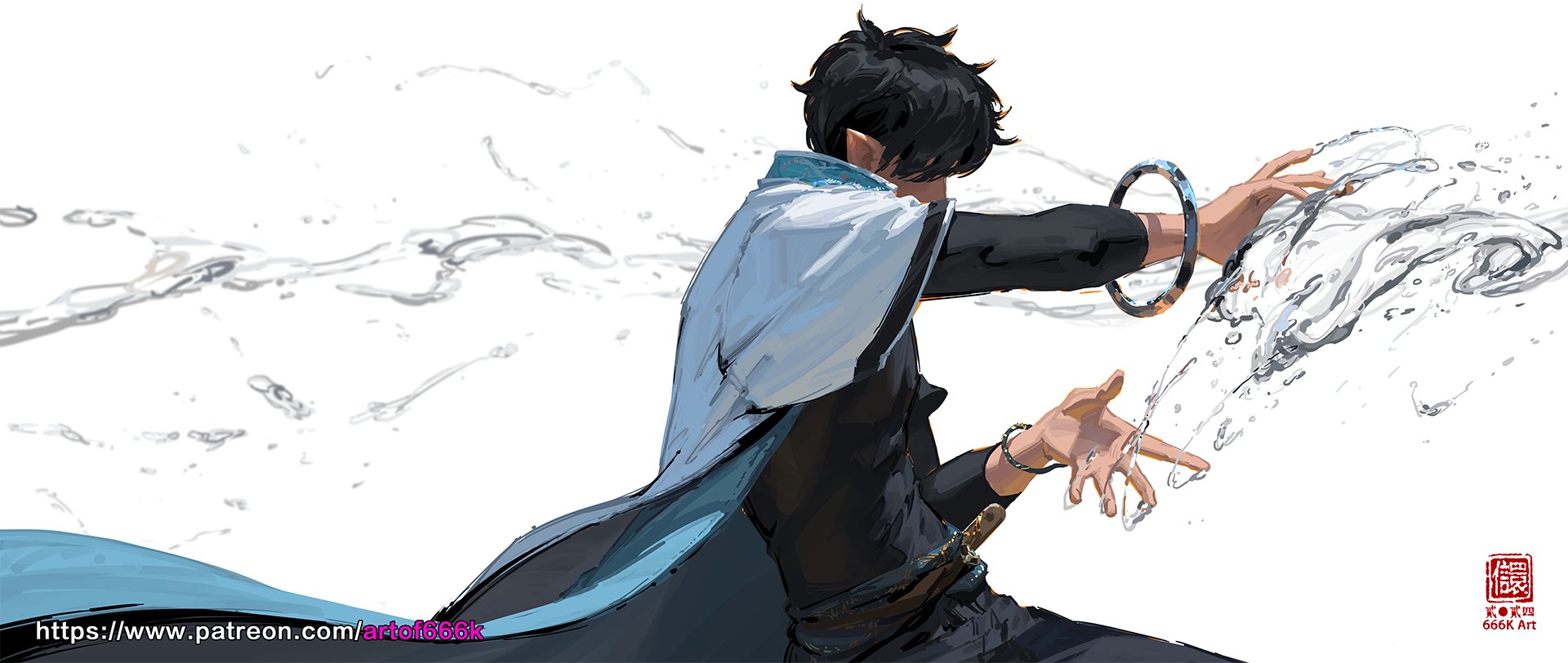 the image is a digital painting or illustration in an anime/manga style.  it depicts a male character from the back, seemingly manipulating or controlling a large amount of water with his hands. he’s dressed in a stylish outfit combining dark clothing with flowing light blue elements. his hair is dark, and he wears a prominent bracelet on one wrist. the style is dynamic, capturing movement and a sense of power. the water he's controlling is depicted with splashes and flowing lines, creating a visually striking effect against the mostly white background. there's a watermark or signature that includes "666k art" and a link to a patreon page. the overall feel is artistic and fantastical.