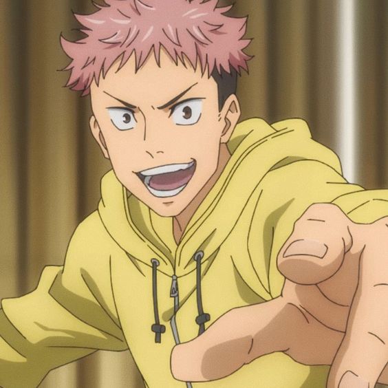 this is a closeup illustration of a young man with spiky pink hair and a friendly, mischievous expression. he's wearing a yellow hoodie and is pointing directly at the viewer with his right hand while grinning broadly, showing his teeth.  the background is out of focus, emphasizing the figure.