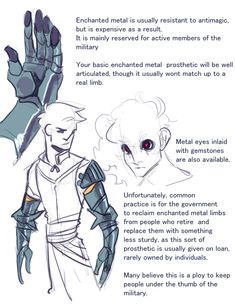 a digital illustration shows a male figure with a prosthetic arm and shoulder armor. text beside and below the illustration describes the properties of enchanted metal prosthetics and the government's practice of reclaiming them from people who retire from the military.