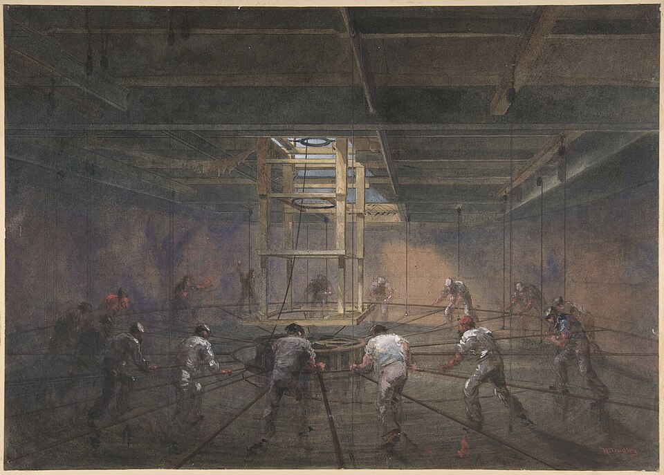 the image is a vintage painting depicting the interior of a large industrial space, possibly under construction. the scene is dominated by a tall wooden scaffolding structure in the center, extending towards an opening in the ceiling. around the scaffolding, multiple figures are shown pulling on ropes, possibly lifting or maneuvering heavy equipment. the figures are dressed in work clothes, suggesting they are laborers or construction workers. the interior space has a dark and moody atmosphere, with walls painted in a dull color and visible ceiling beams. the painting captures a sense of the scale and physical labor involved in industrial construction during the time period it depicts.