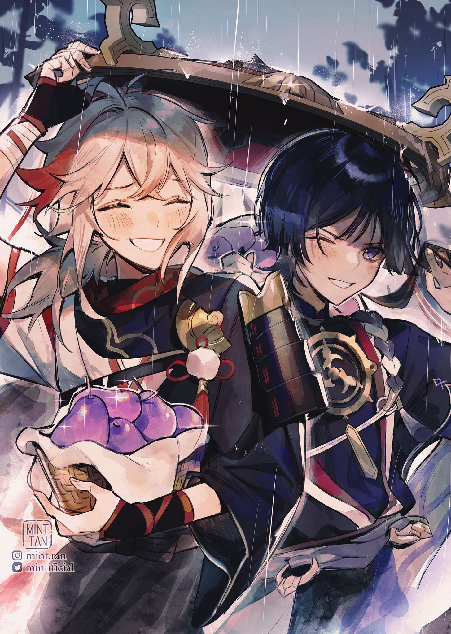 the image is a digital illustration of two anime characters, both male, in traditional japanese clothing. the characters are smiling and appear to be friends, with one holding a basket of purple fruit. they are standing in the rain, and one of the characters is holding an umbrella over his head. the art style is bright and colorful, with a focus on detail.