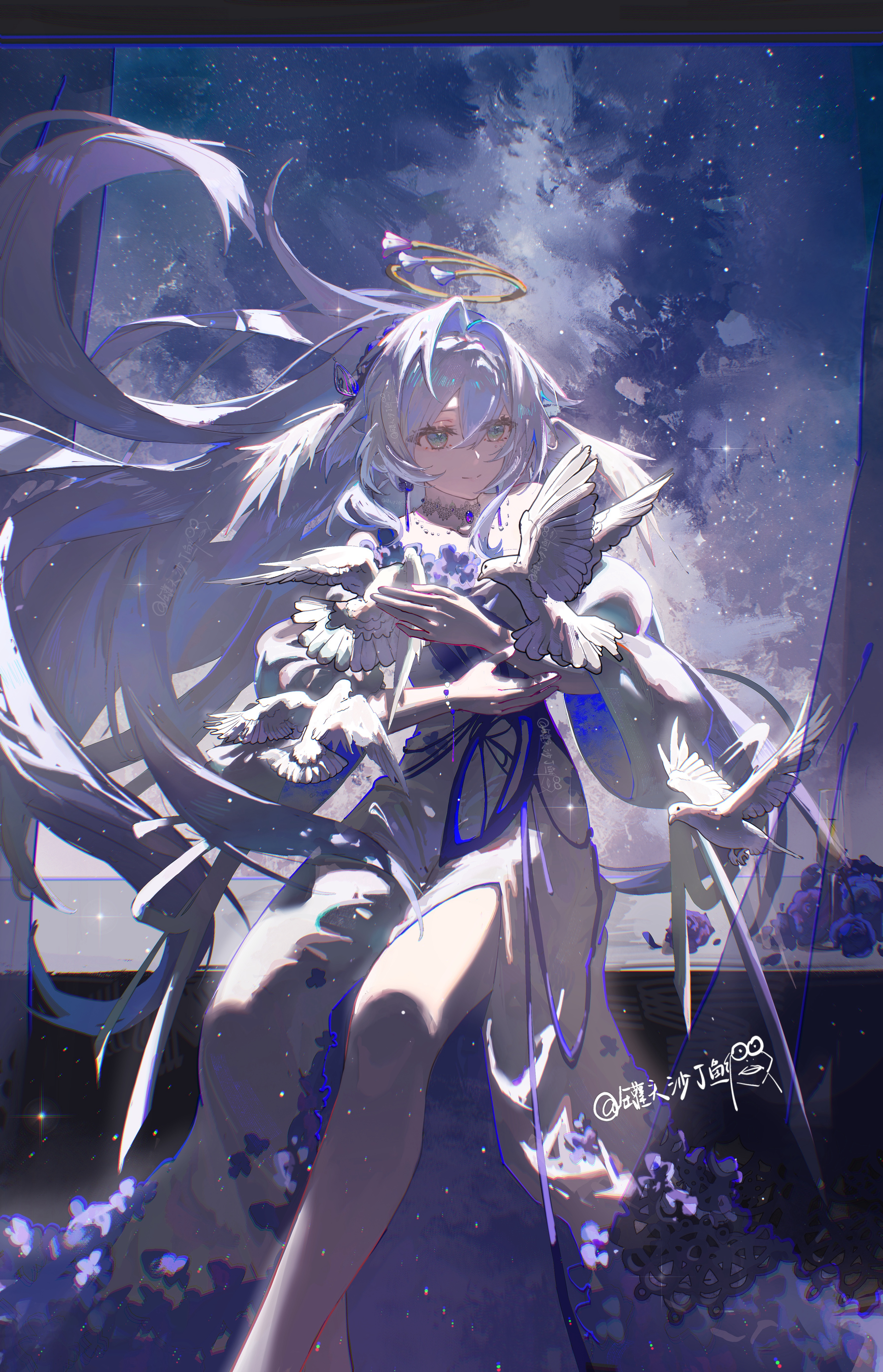 an animestyle illustration features a ethereal angellike woman with long, flowing white hair and a golden halo. she is depicted in a dreamy setting filled with stars and a bluetinged sky. the woman is holding several white doves in her hands, and she wears a flowing blue dress adorned with purple flowers. the artwork captures a sense of innocence, grace, and tranquility. the full body portrait showcases her delicate features and the serene atmosphere around her.