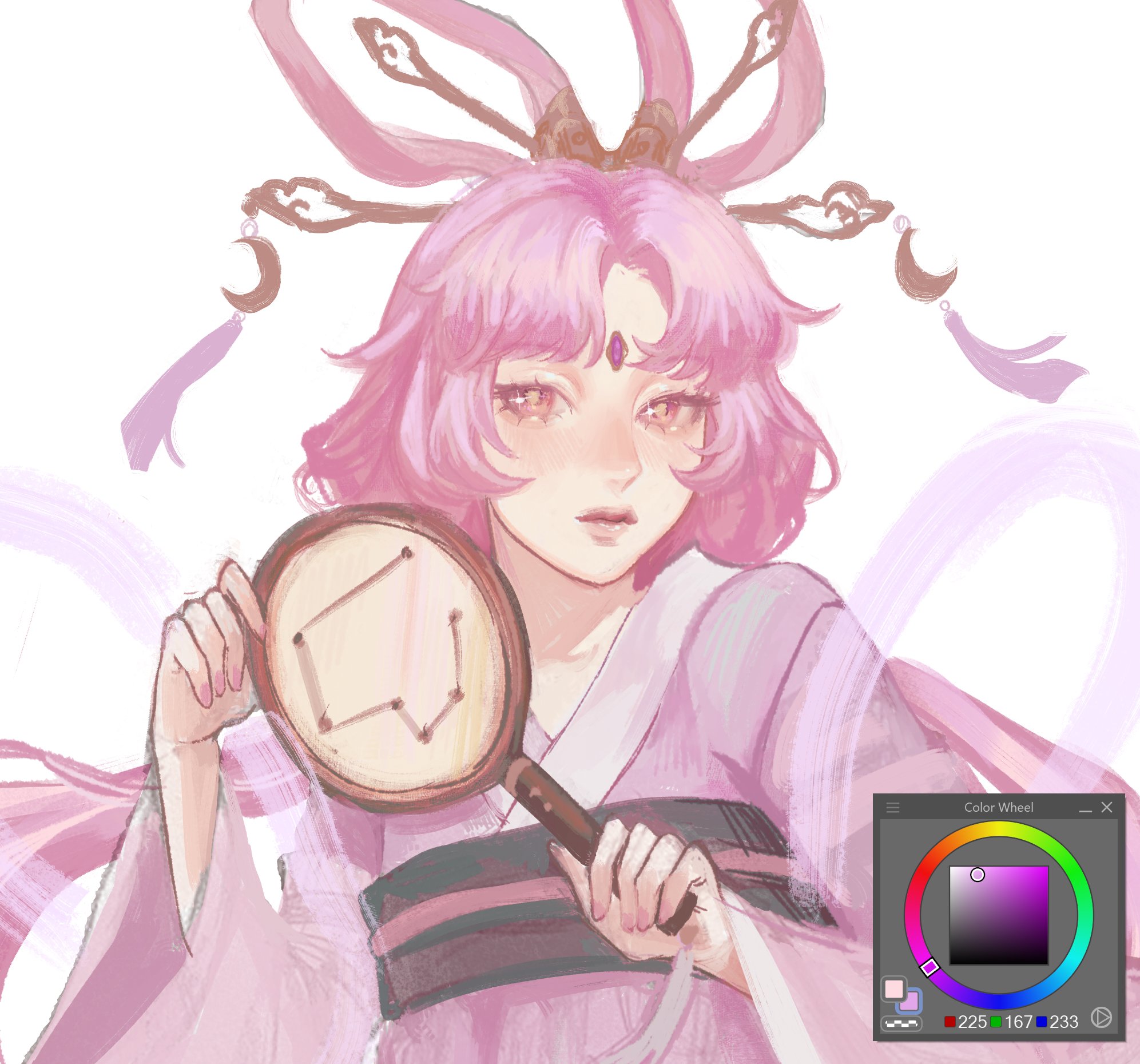 a digital painting of a cute anime girl with pink hair wearing a traditional japanese kimono. she is holding a moonshaped mirror with stars inside. the background is a soft pink with streaks of white and purple. there is a color wheel in the bottom right corner of the image.