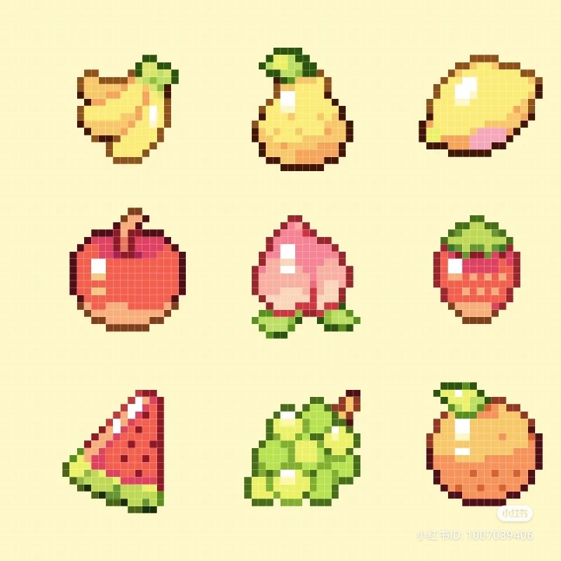 the image showcases nine pieces of different fruits, designed in a pixel art style reminiscent of old video games. the fruits are arranged in a 3x3 grid against a pale yellow background. each fruit is depicted in a simplified, iconic form using a limited color palette, contributing to the retro aesthetic. the fruits included are banana, pear, lemon, apple, peach, strawberry, watermelon, grape, and orange.