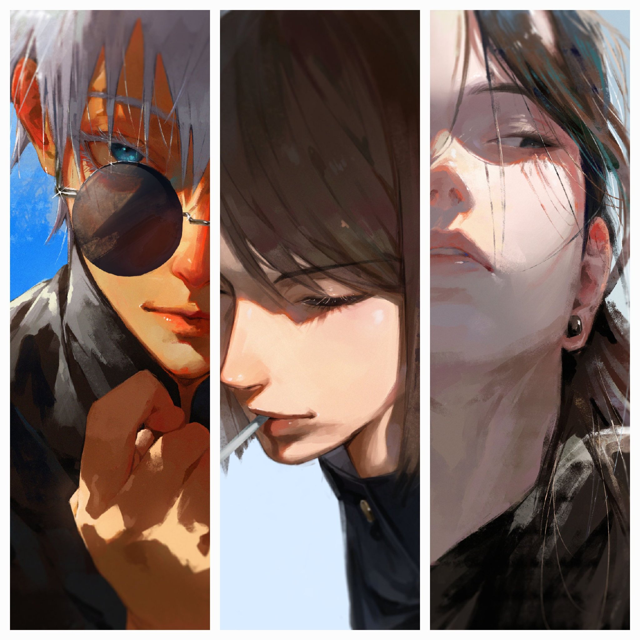 the image is a triptych, featuring three individual portraits displayed sidebyside. each portrait showcases a different character, rendered in a stylized, semirealistic anime style. the color palette is muted and atmospheric, with a focus on warm, earthy tones and soft lighting. the overall aesthetic is moody and contemplative, with a touch of urban cool.