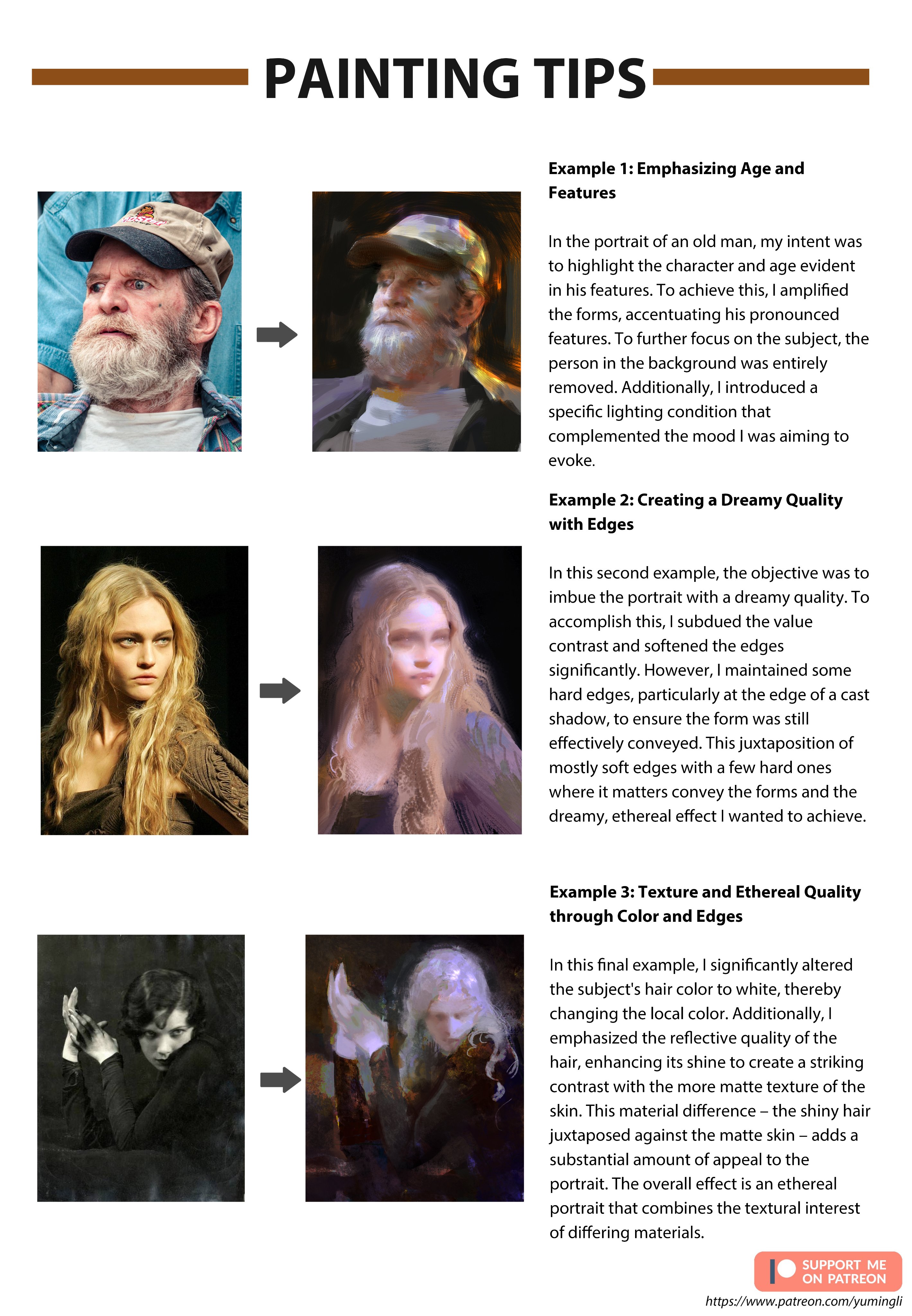 the image shows a series of paintings illustrating different painting tips, using examples of portraits.  the first example shows how to emphasize age and features by exaggerating the lines and folds of the face.  the second example shows how to create a dreamy quality with edges by using a soft, subtle color palette and blurring the edges of the painting.  the third example shows how to create a texture and ethereal quality with color and edges by highlighting the shine in the hair and contrasting it with the more matte texture of the skin.