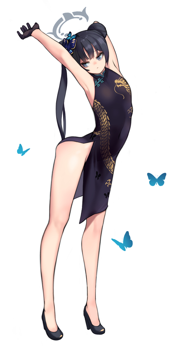 the image features a stylized drawing of a young woman with long black hair and striking blue eyes. she's wearing a black qipao, a traditional chinese dress, adorned with a golden dragon design. the dress features high side slits, emphasizing her long legs. she sports black gloves and heels, and her pose is elegant yet suggestive, with one leg raised and her arms gracefully lifted above her head. several vibrant blue butterflies flutter around her, adding a touch of whimsy to the composition. the background is a pristine white, drawing all attention to the captivating subject.