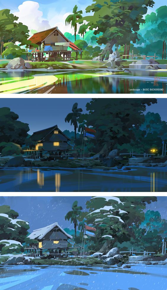 the image showcases three different lighting and weather scenarios of the same landscape featuring a traditional stilt house on a riverbank. the first depicts a vibrant daytime scene with lush green foliage and sunlight reflecting off the water. the second portrays a tranquil evening atmosphere with warm light emanating from the house's windows. the final scene captures a snowy night with cool blue tones dominating the palette, depicting the house blanketed in snow.