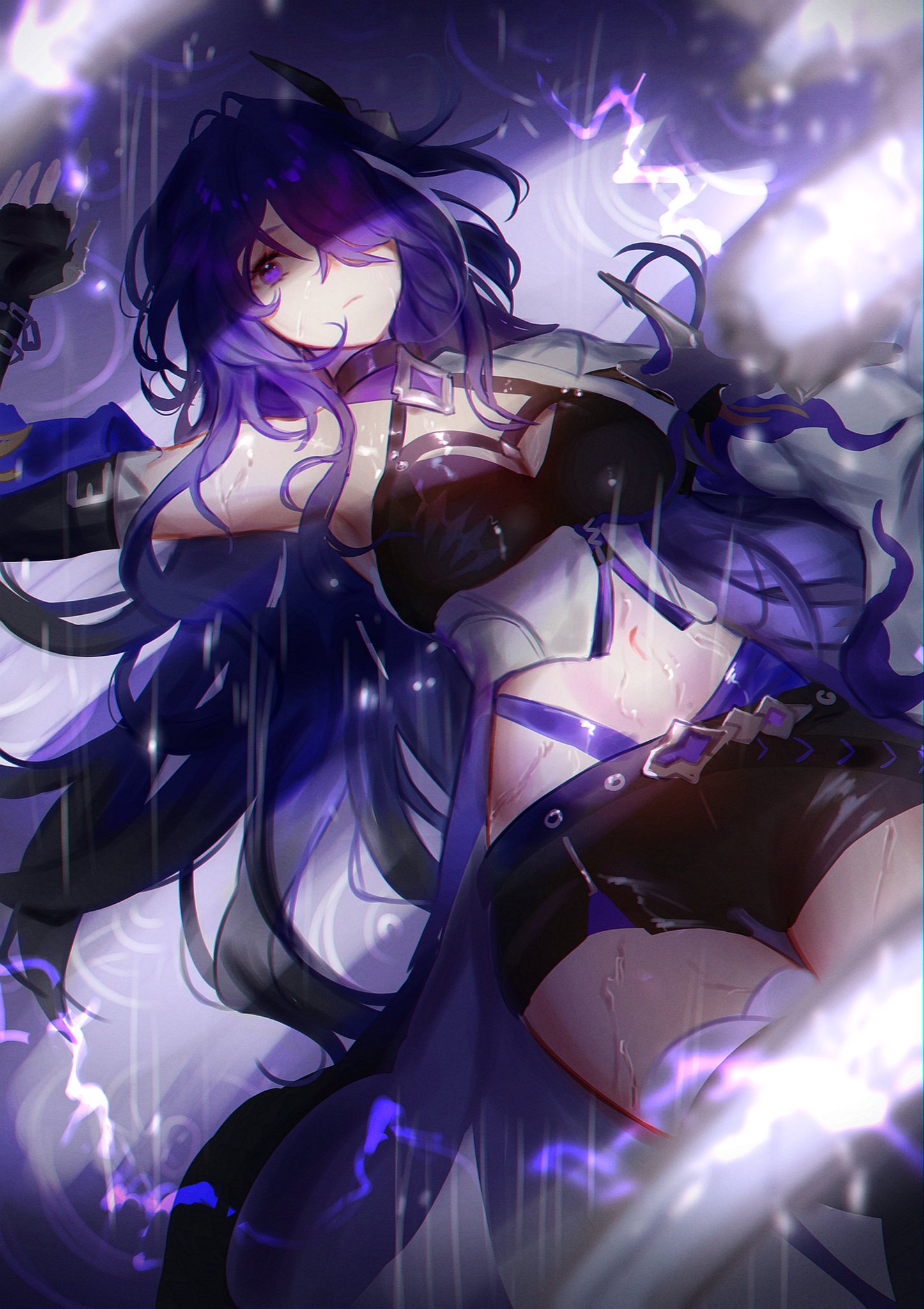 an anime girl with long purple hair and blue eyes is standing in a dark background with lighting and rain, she is wearing black clothes and white clothes. she looks powerful and strong with a magical vibe. the artwork is in a digital and graphic style.