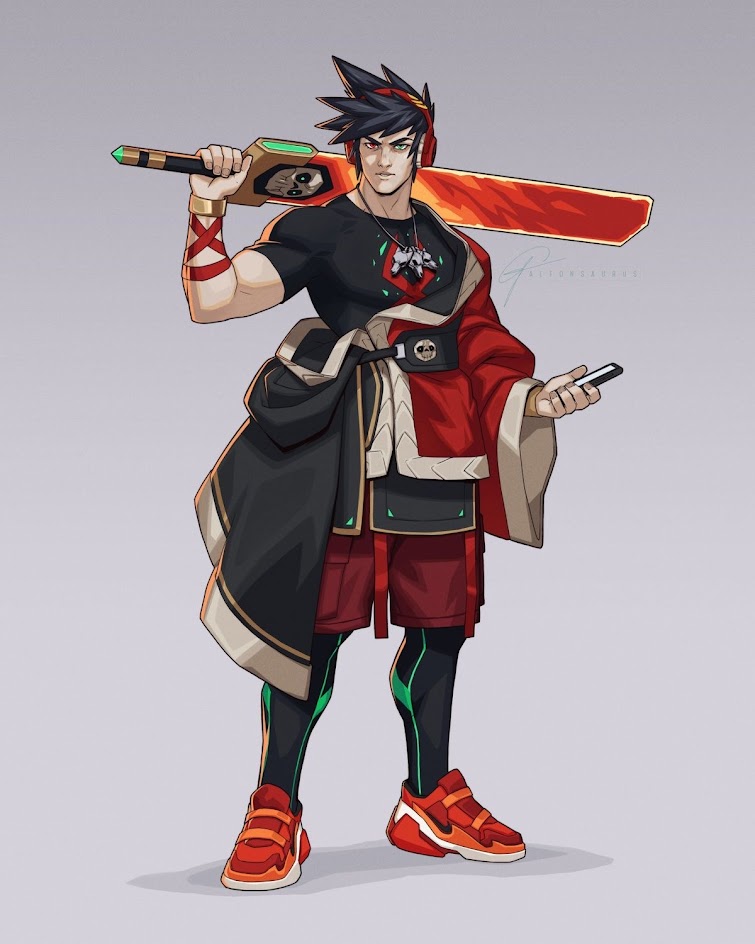 a digitally illustrated anime male character holding a futuristic blade in one hand and a phone in the other. he is wearing a black shirt, red and black pants, black and white shoes, and a red jacket. he is also wearing headphones and has black hair and blue eyes.