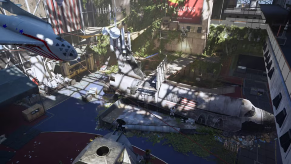 a crashed spaceship is lying on the ground, surrounded by debris. there is vegetation growing over the spaceship and surrounding area. it appears to be in an abandoned hangar.