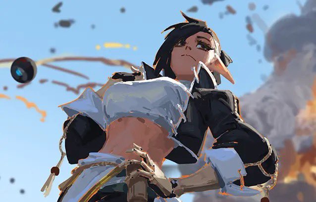 the image is a digital painting depicting a stylized female animestyle character with elven ears. she's positioned dynamically, suggesting action or movement, possibly in the midst of a battle.  her clothing consists of a dark jacket over a cropped top and what looks like a loose skirt or pants. the background features blurry explosions and suggestive chaos, adding to the sense of a dynamic action scene. the painting style is loose and painterly, with visible brushstrokes, giving the artwork a vibrant and energetic feel. the character's expression is confident and almost defiant.