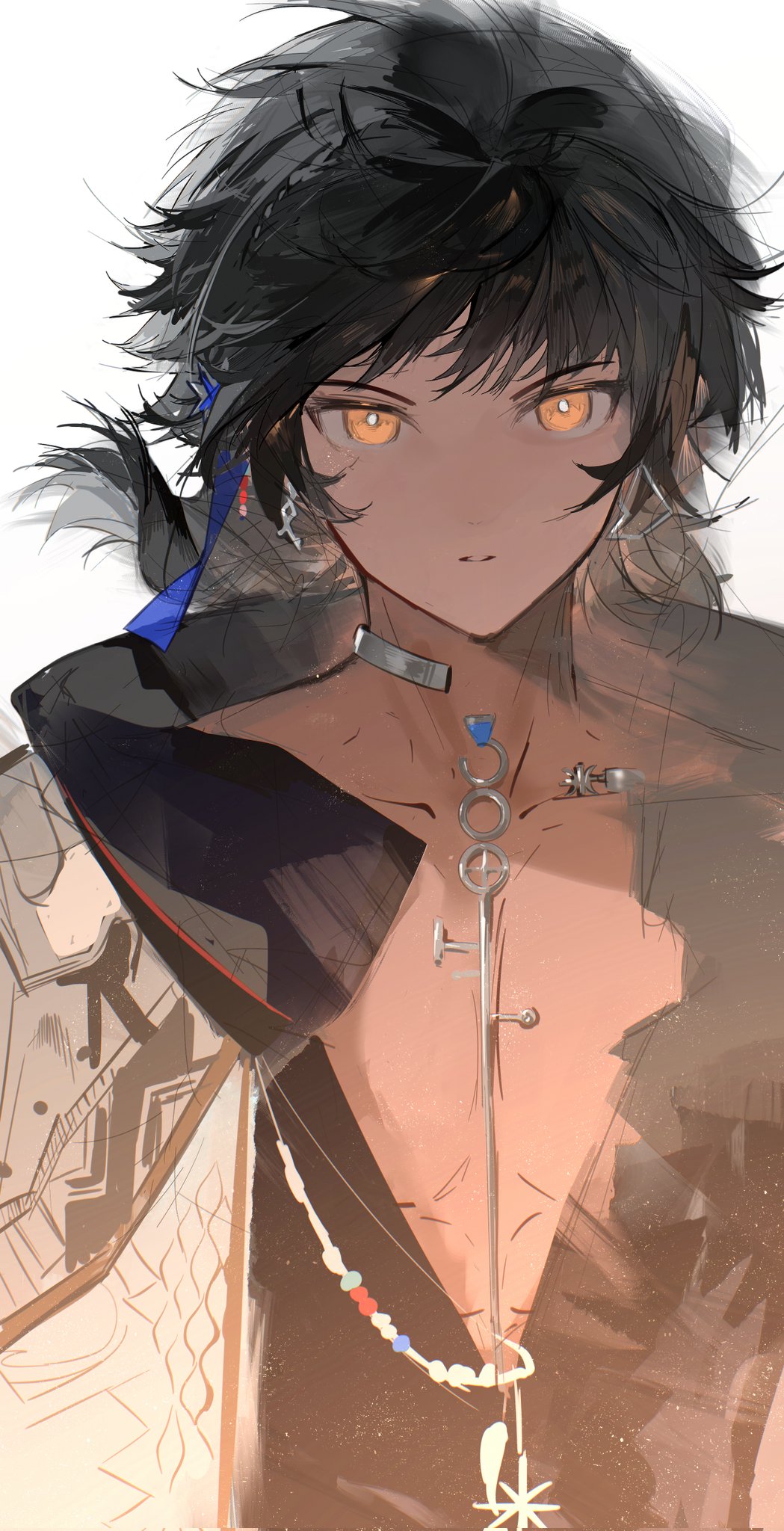 the image showcases a digital painting or drawing of an animestyle male character. he has short, dark hair with hints of lighter shades, and striking orange eyes. his skin tone is warm, and he's adorned with several accessories including a chokerstyle necklace, a long pendant necklace with colorful beads, and a piece of blue fabric near his left ear. he wears a dark, open jacket over what appears to be a lightercolored inner garment. the style is artistic and fashionable, with visible brushstrokes and a slightly hazy or blurred background.  the character's expression is somewhat neutral, and the overall mood is intriguing and stylish.