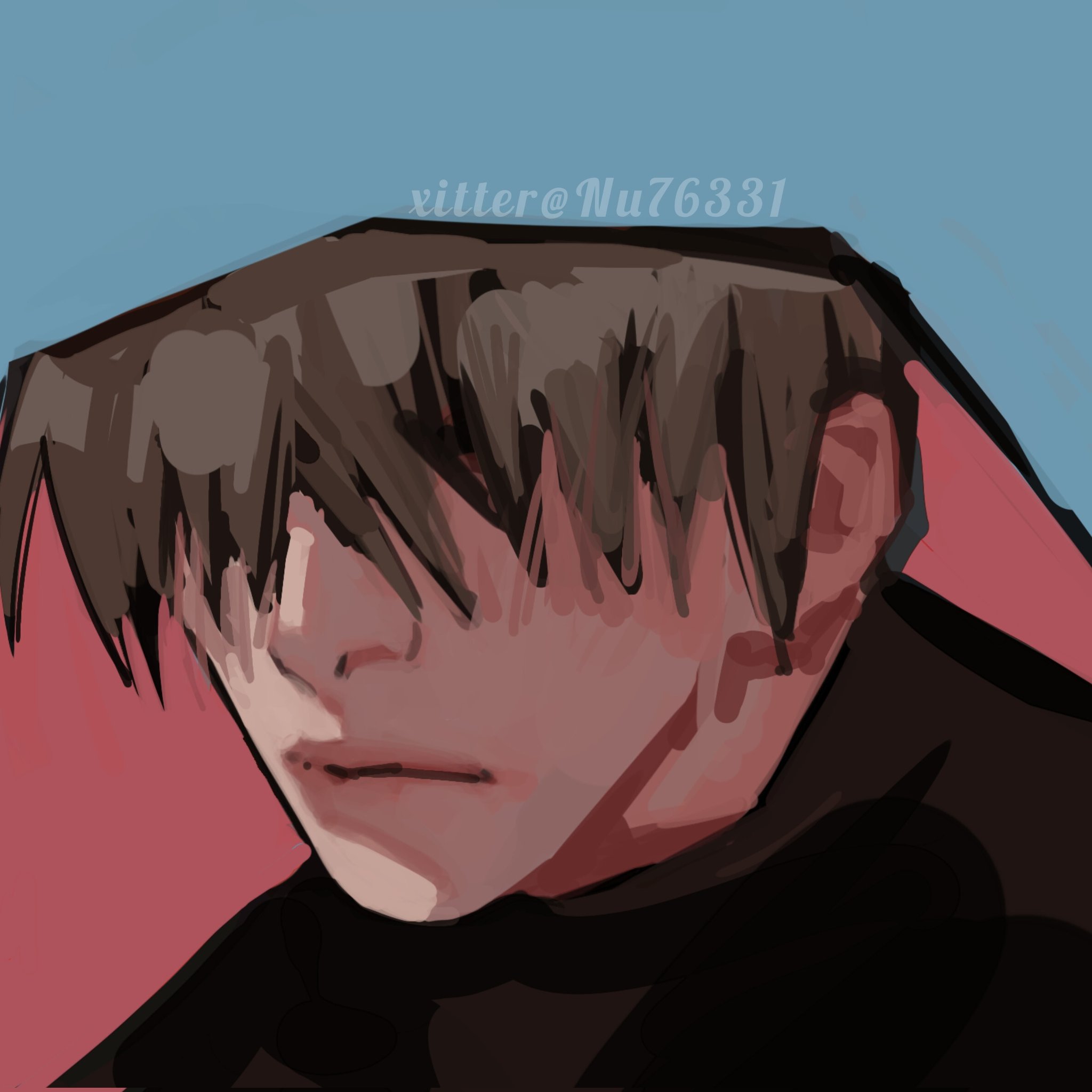 this is a digital illustration of an anime boy with dark hair covering his eyes. he's wearing a dark jacket and has a moody expression on his face, suggesting he's lost in thought or deep in emotion. the artwork features contrasting colors like red and blue, creating a sense of depth and mystery.
