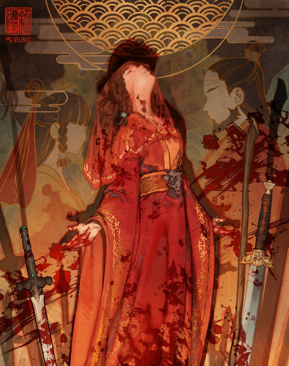 the image is a dark illustration featuring a woman in a red traditional dress, covered in blood. she has her head tilted back, her hands outstretched, and appears to be wearing a veil. several swords surround her, some also covered in blood. the background has oriental patterns, and depictions of other women and clouds, with a large gold semicircle resembling a moon overhead. the overall tone is one of violence and tragedy.