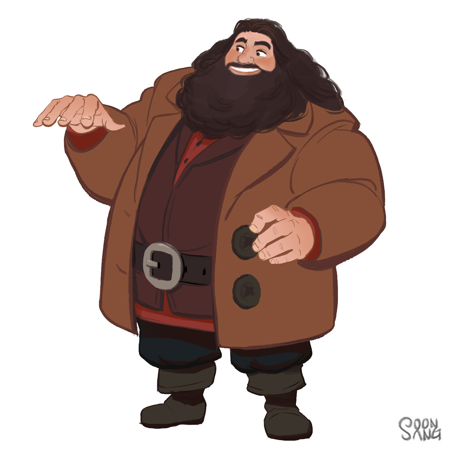 the image shows a cartoon drawing of rubeus hagrid, a halfgiant character from harry potter, standing with a smile. he's wearing his signature brown coat over a deep red shirt and black pants. he has a friendly demeanor and his hands are outstretched as if he's gesturing while talking. the background is plain white and the art style is cartoonish with soft lighting.