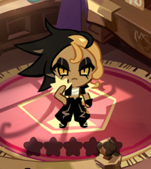 a digital rendering of the rockstar cookie character from the cookie run video game series. the character is standing on a circular rug with five stars below, indicating a rating. the rockstar cookie has black and blonde hair, tan skin, and is wearing a punkstyle outfit. the background shows a room with furniture.