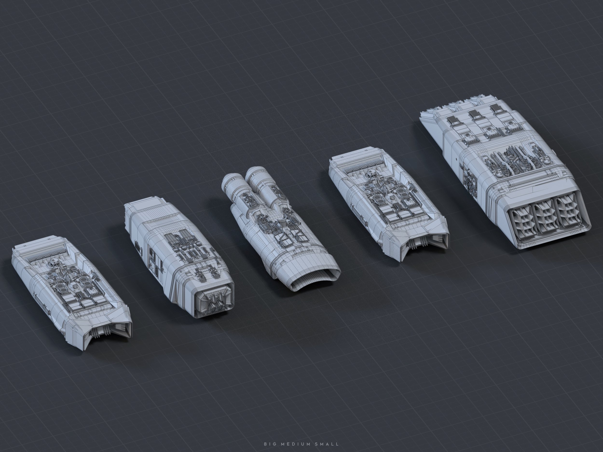 the image displays five 3d wireframe models of spaceships, rendered in grayscale.  the models are arranged in a row, from largest to smallest, showcasing a clear size progression.  each ship is detailed, showing internal components and engine structures. the perspective and lighting emphasize the spaceship designs' shapes and textures.  the text "big medium small" is subtly placed at the bottom, further indicating the size relationship between the models. the background is a simple dark gray grid. the overall style is clean and professional, suggesting concept art or asset creation for a game or film.