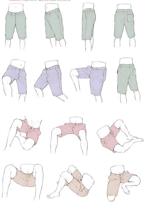 the image is a collection of fashion illustration sketches of men's shorts in various poses. the drawings are done in a loose, sketchy style with a focus on the drape and movement of the fabric.