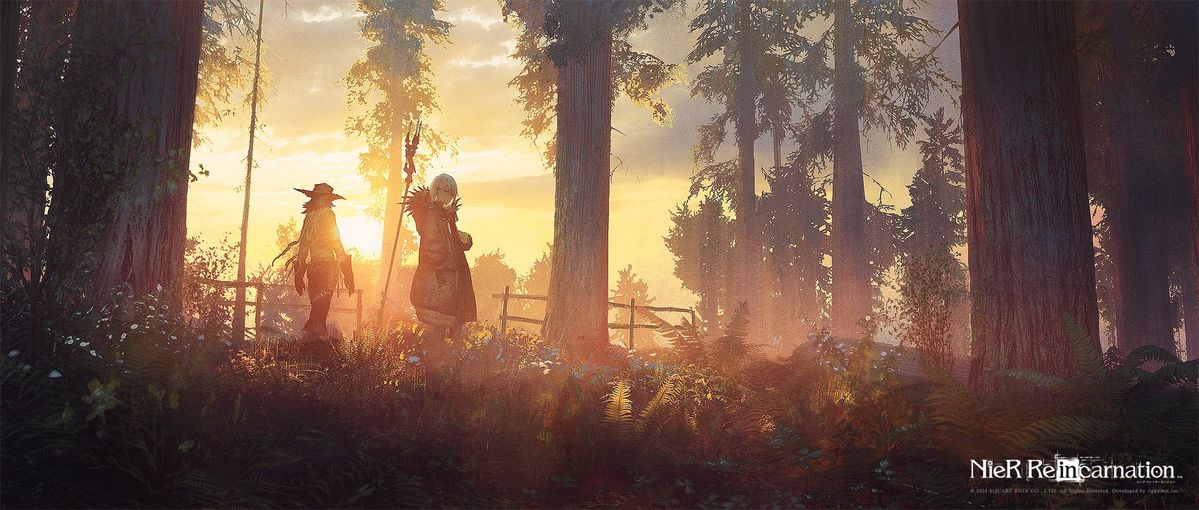the image is a promotional artwork for the video game nier reincarnation. it depicts two characters standing amidst a dense forest at sunset. the forest is filled with tall trees, lush vegetation, and a variety of plants. the sky is painted with warm hues of orange and yellow as the sun sets in the distance. one of the characters is silhouetted against the light, while the other stands with a staff. the scene is evocative of a fantasy landscape, creating a sense of mystery and adventure. the nier reincarnation logo is visible in the bottom right corner of the image.