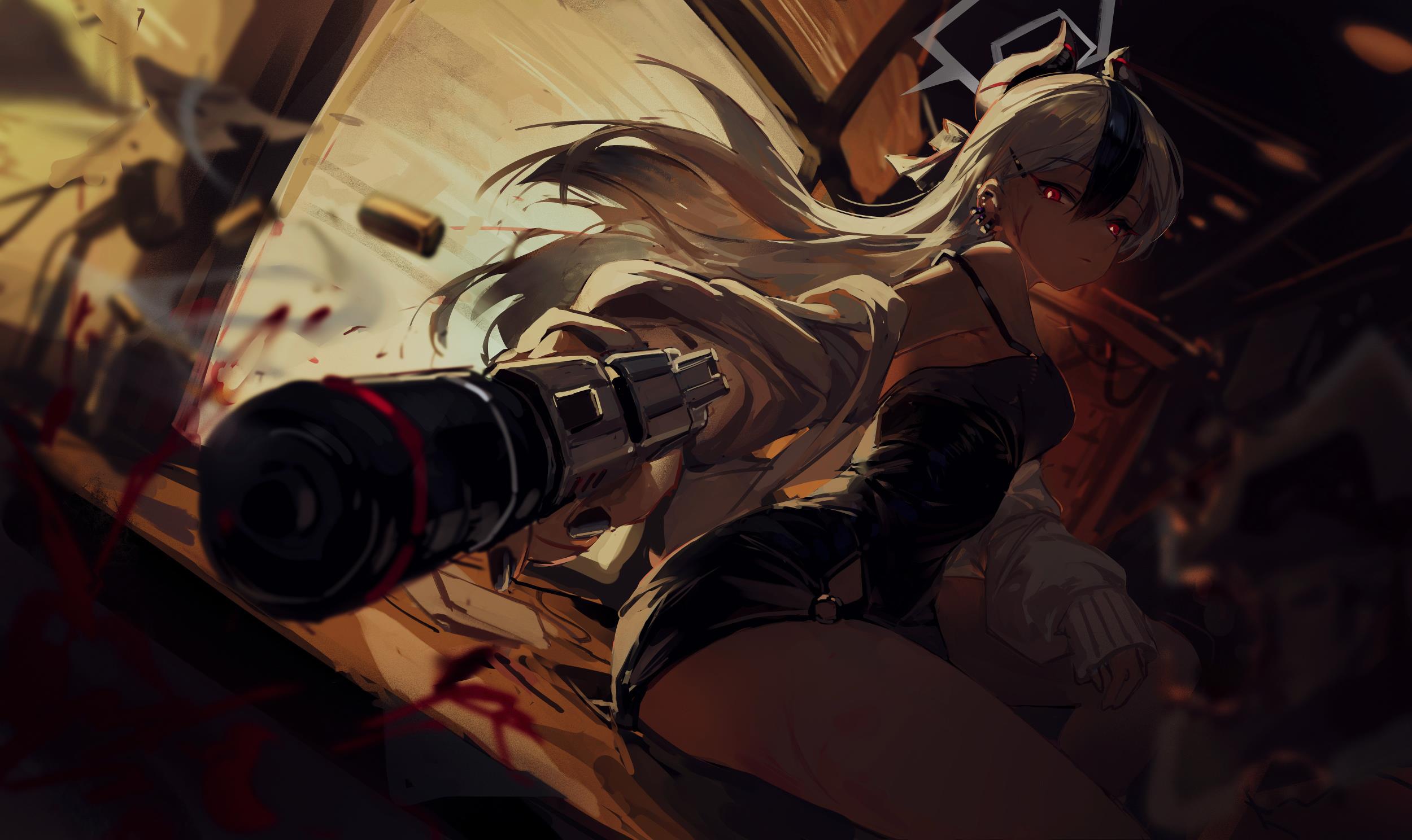 the image depicts a stylized animestyle female character in a dynamic, actionpacked pose. she's wielding a large, futuristiclooking firearm, and there are splashes of blood suggesting intense combat. her attire is dark and revealing, complementing the gritty and violent atmosphere. the background is blurred and shadowy, focusing attention on the girl and her weapon. the overall style is cinematic and graphic, with strong contrasts in lighting and color. the expression on her face and the details of her weapon strongly hint at an impending or recent act of violence. the art style is reminiscent of manga and digital painting techniques.