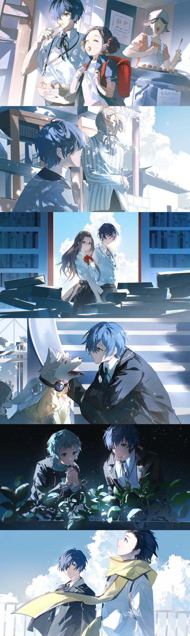 the image is a collection of romantic scenes featuring a young couple with blue hair. they are shown in various settings, including a school hallway, a library, and outdoors. the images evoke a sense of love, intimacy, and the passage of time.  the color palette is soft and airy, with a focus on blues and whites. the overall effect is one of tenderness and nostalgia.