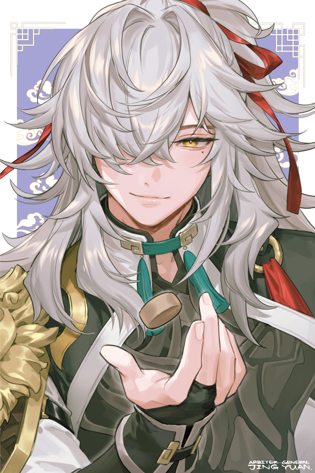 this is a digital illustration of an anime character. he has long white hair, red ribbon tied around his hair, and is wearing a traditional chinesestyle outfit. he is holding a coin in his hand and has a smile on his face. he appears to be looking at the viewer.