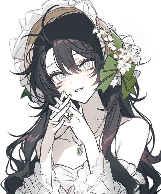 the image is a digital drawing of an anime girl. she has black hair with two strands framing her face and green eyes. she is wearing a white dress with lace and a white bonnet with a large green ribbon on the side. there are white flowers tucked into the ribbon. she is also wearing a ring on her left ring finger and a necklace with a green gem pendant. her hands are clasped near her face, and she is looking at the viewer with a slight smile.