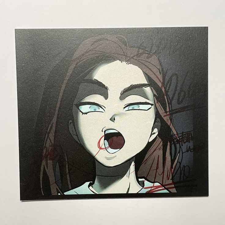 the image is a drawing of a girl from an anime or manga series. she has long dark hair, dark eyes, and is wearing a white shirt with a blue collar. she has her mouth open in a scream. the background is dark and has a variety of lines and markings that seem to represent shadows. the girl's face is welldefined and she has a bright and vibrant expression.
