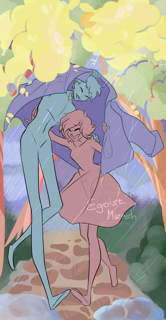 this whimsical illustration features a cartoon couple walking through a lush forest, hand in hand, as it rains. the background is a blur of greens and blues, with trees and leaves all around. the couple is drawn in a soft, pastel palette, giving the scene a dreamy, romantic feel. the man is holding a purple jacket over his head and his companion's head, protecting them from the rain. their smiles suggest they are enjoying the moment.  the image evokes a sense of warmth and happiness, making it an enchanting scene.