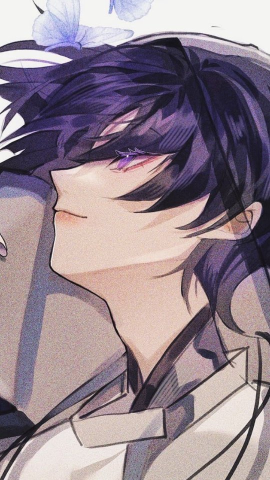 the image is a digital illustration or artwork in an anime/manga style.  it depicts a young man with long, flowing purple hair that partially obscures his face. his eyes are a striking purple, and he has a soft, gentle expression. he appears to be wearing a light gray or beige robe or kimonolike garment with dark detailing near the collar. two purple butterflies are visible near his head, adding to the ethereal and dreamlike quality of the image. the overall style is soft and elegant with a muted color palette. the focus is on the character's face and upper body.